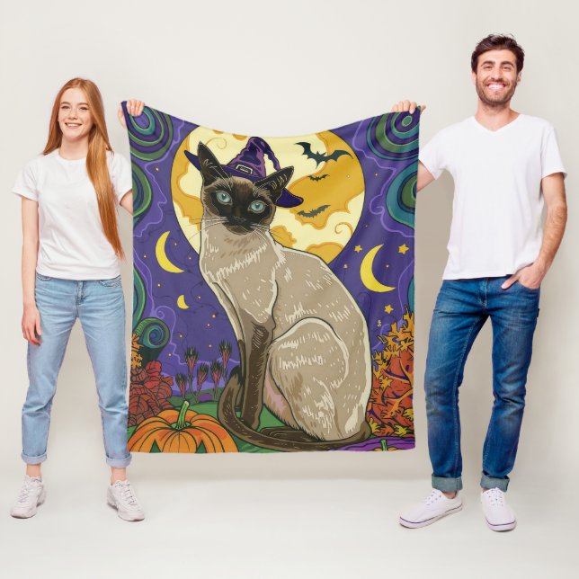 Spooky Siam Cat Halloween Hexe und Kürbis Fleecedecke (Beispiel)