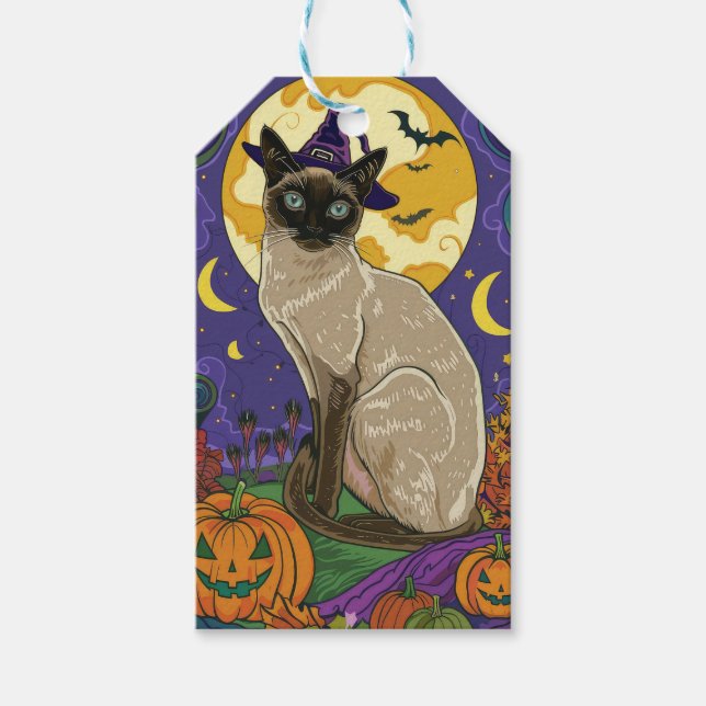 Spooky Siam Cat Halloween Hexe und Kürbis Geschenkanhänger (Vorderseite)