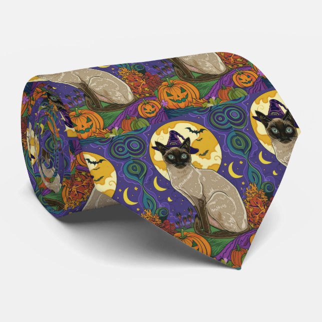 Spooky Siam Cat Halloween Hexe und Kürbis Krawatte (Gerollt)