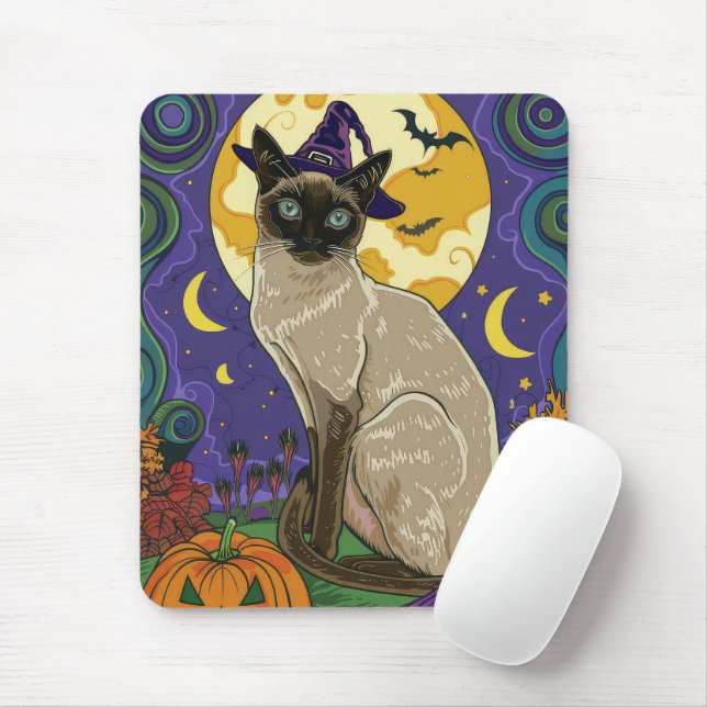 Spooky Siam Cat Halloween Hexe und Kürbis Mousepad (Mit Mouse)