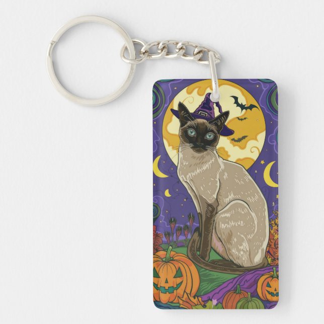 Spooky Siam Cat Halloween Hexe und Kürbis Schlüsselanhänger (Vorderseite)