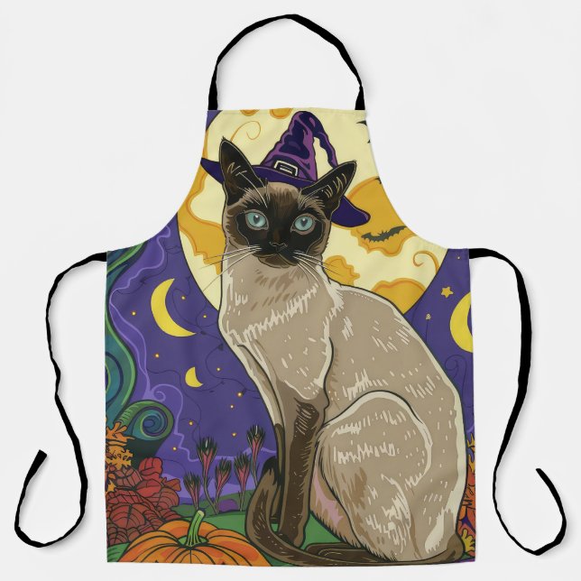 Spooky Siam Cat Halloween Hexe und Kürbis Schürze (Vorderseite)