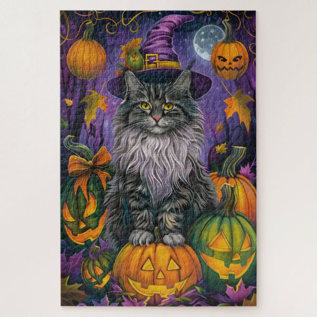 Spooky Siberian Cat Halloween Hexe und Kürbis (Vertikal)