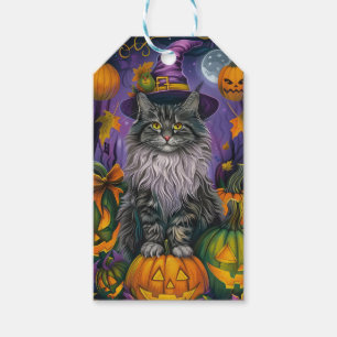 Spooky Siberian Cat Halloween Hexe und Kürbis Geschenkanhänger