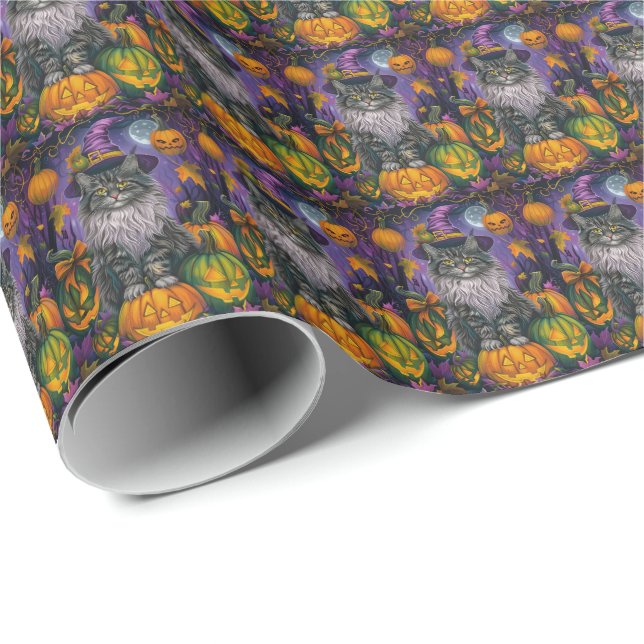 Spooky Siberian Cat Halloween Hexe und Kürbis Geschenkpapier (Rolleneckpunkt)
