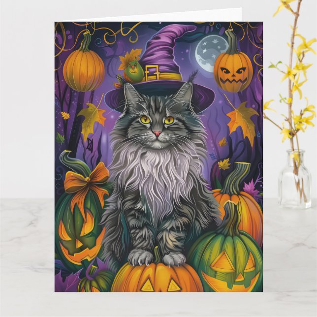 Spooky Siberian Cat Halloween Hexe und Kürbis Karte (Gelbe Blume)