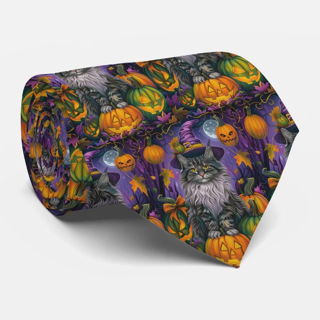 Spooky Siberian Cat Halloween Hexe und Kürbis Krawatte (Gerollt)