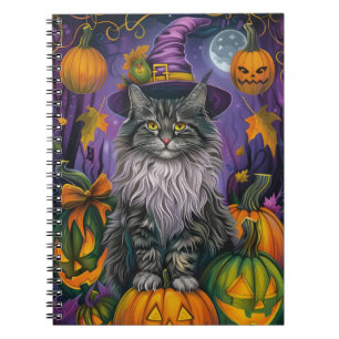 Spooky Siberian Cat Halloween Hexe und Kürbis Notizblock
