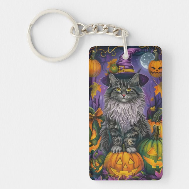 Spooky Siberian Cat Halloween Hexe und Kürbis Schlüsselanhänger (Vorderseite)