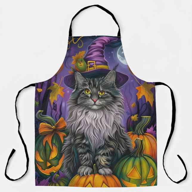 Spooky Siberian Cat Halloween Hexe und Kürbis Schürze (Vorderseite)