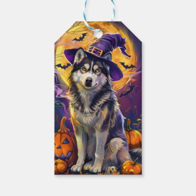 Spooky Siberian Husky Dog Halloween Hexenkürbis Geschenkanhänger (Vorderseite)