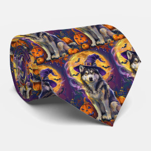 Spooky Siberian Husky Dog Halloween Hexenkürbis Krawatte