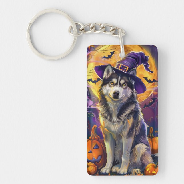 Spooky Siberian Husky Dog Halloween Hexenkürbis Schlüsselanhänger (Vorderseite)