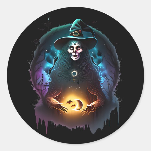 Spooky Sinister Hexe am Abend Runder Aufkleber (Vorderseite)