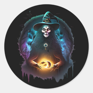 Spooky Sinister Hexe am Abend Runder Aufkleber