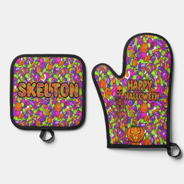Spooky Skeleton Candy Party Pattern Halloween Ofenhandschuh & Topflappen-Set (Vorderseite)