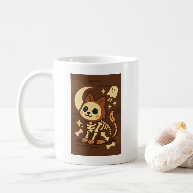 Spooky Skeleton Cat and Ghost Classic Mug, 11 oz Kaffeetasse (Mit Donut)