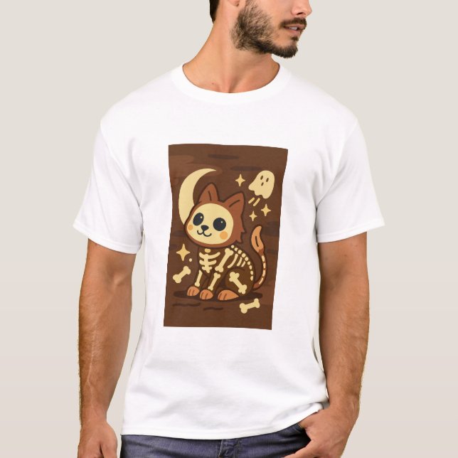 Spooky Skeleton Cat and Ghost T-Shirt (Vorderseite)