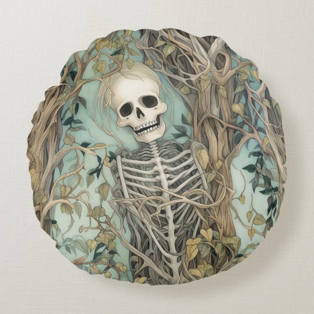 Spooky Skeleton Halloween Rundwurfpilz Rundes Kissen (Vorderseite)