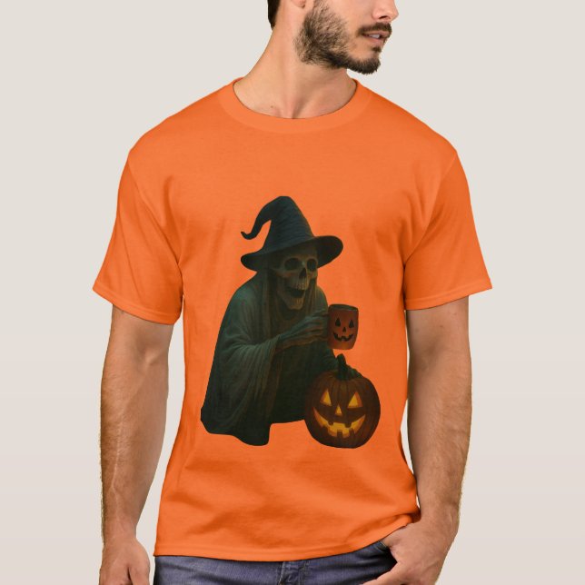 Spooky Skeleton Hexe mit Pumpkin Glow T-Shirt (Vorderseite)