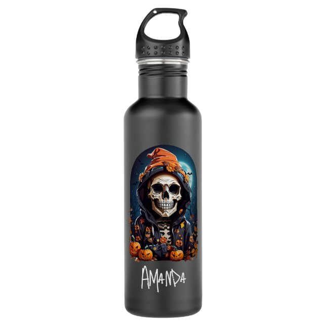 Spooky Skeleton mit Bösen Pumpkins Edelstahlflasche (Vorderseite)