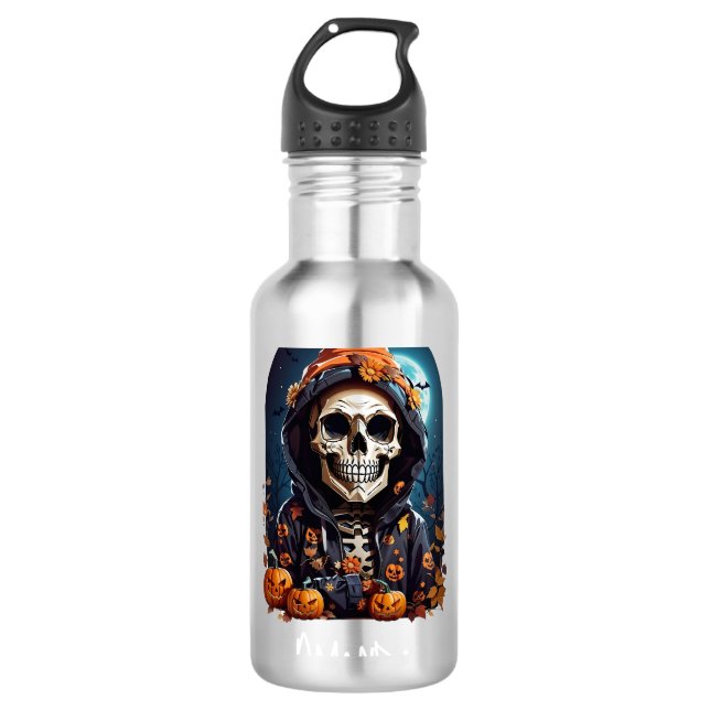 Spooky Skeleton mit Bösen Pumpkins Edelstahlflasche (Vorderseite)