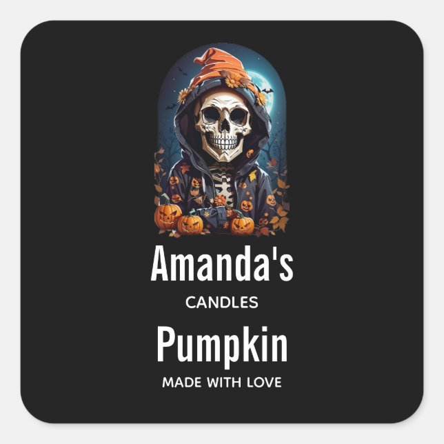 Spooky Skeleton mit Evil Pumpkins Cratfing Candle Quadratischer Aufkleber (Vorderseite)