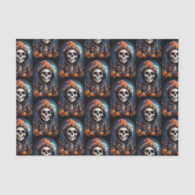 Spooky Skeleton mit Evil Pumpkins Pattern Seidenpapier (Vorderseite)