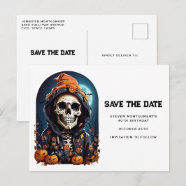 Spooky Skeleton Save the Date mit Bösen Pumpkins Einladungspostkarte