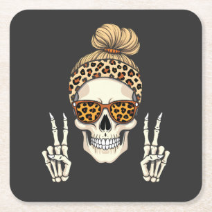 Spooky Skeleton Skull Leopard Halloween-Mama Rechteckiger Pappuntersetzer