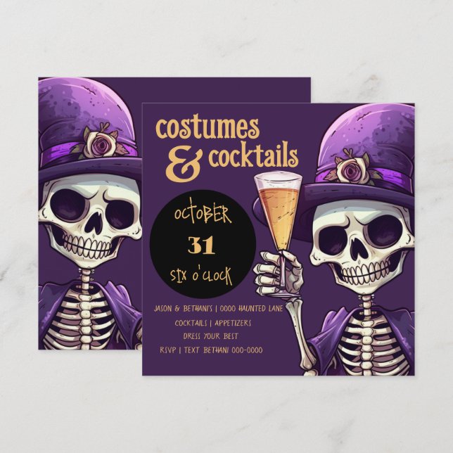 Spooky Skeletts Kostüme und Cocktails Party Einladung (Vorne/Hinten)