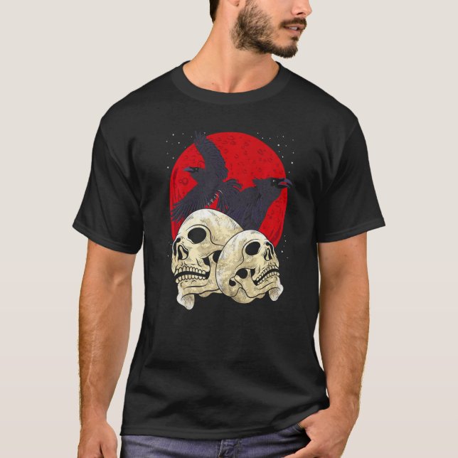 Spooky Skull Creepy Skeleton Head Crow Gothic Bird T-Shirt (Vorderseite)