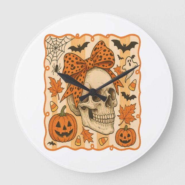Spooky Skull Halloween Große Wanduhr (Vorderseite)
