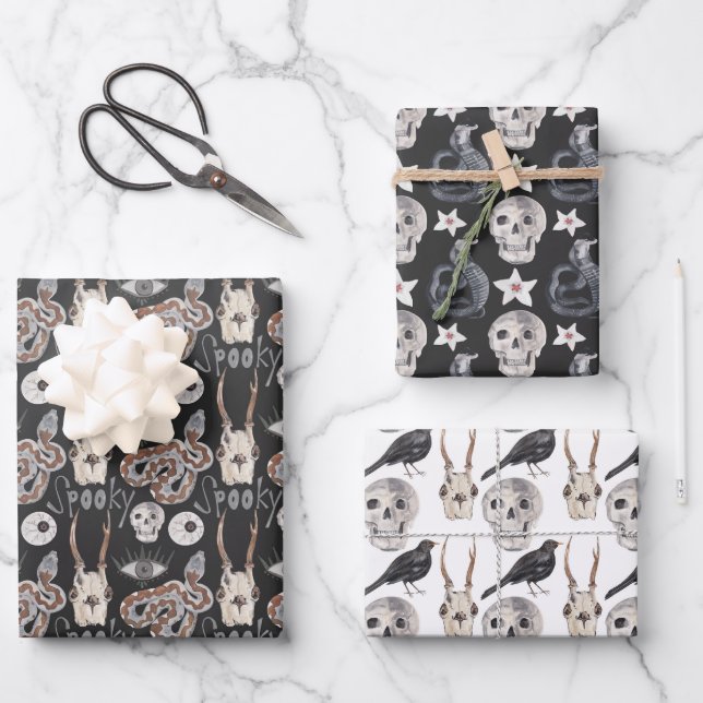 Spooky Skull Schlange Black Raven Crow Geschenkpapier Set (Vorderseite)