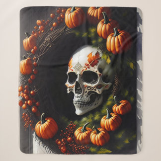 Spooky Skull und Pumpkin Wreath Sherpadecke