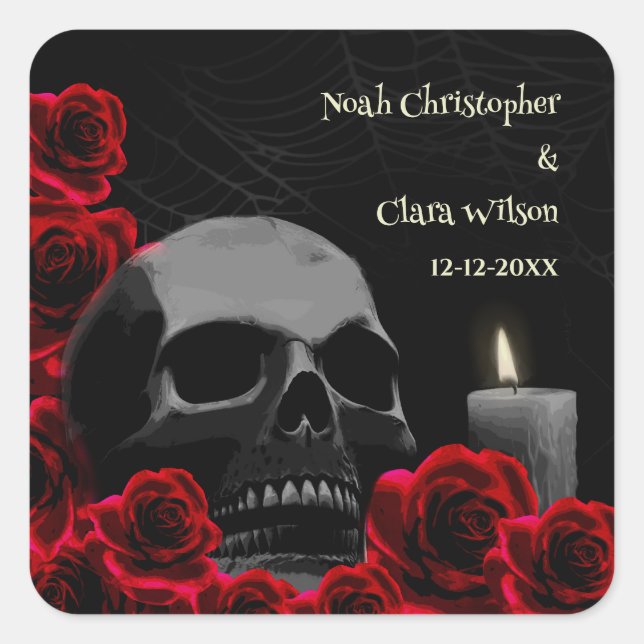 Spooky Skull und Rote Rosen Gothic Halloween Weddi Quadratischer Aufkleber (Vorderseite)