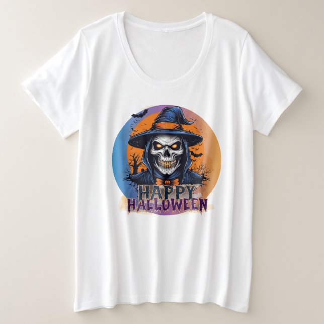 Spooky Skull Witch Halloween Art-88888 Große Größe T-Shirt (Design vorne)