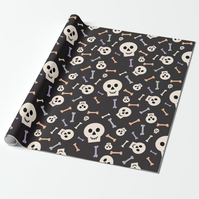 Spooky Skulls und Knochen Dunkles schwarzes Wrappi Geschenkpapier (Ungerollt)