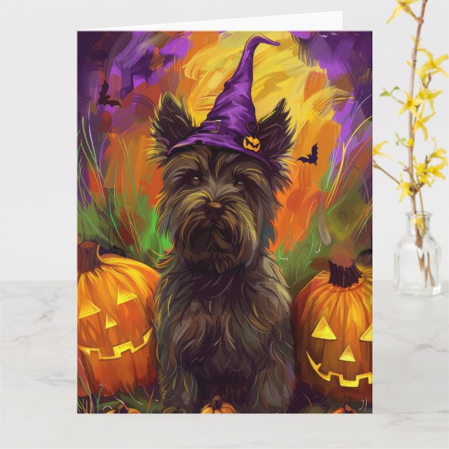 Spooky Skye Terrier Dog Halloween Hexenkürbis Karte (Gelbe Blume)