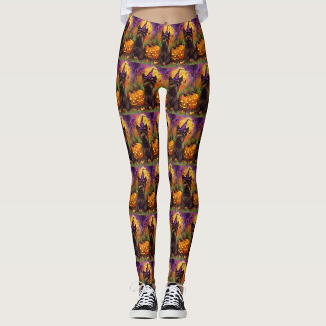 Spooky Skye Terrier Dog Halloween Hexenkürbis Leggings (Vorderseite)