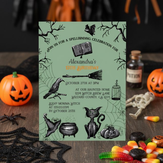 Spooky Spellband Halloween Geburtstagsparty Einladung (Scary Kids Halloween Birthday Invitation in Green and Black. Spooky Pumpkin, Cat, Raven, Bat, Webs)