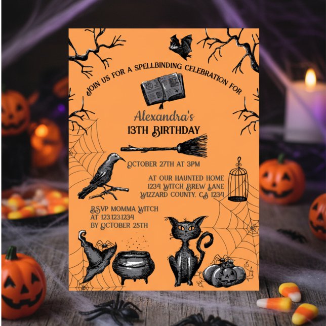 Spooky Spellband Halloween Geburtstagsparty Einladung (Spooky Orange and Black Kids Halloween Birthday Invitation. Scary Black Cat, Pumpkin, Bats, Raven)