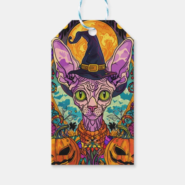 Spooky Sphynx Cat Halloween und Pumpkin Geschenkanhänger (Vorderseite)
