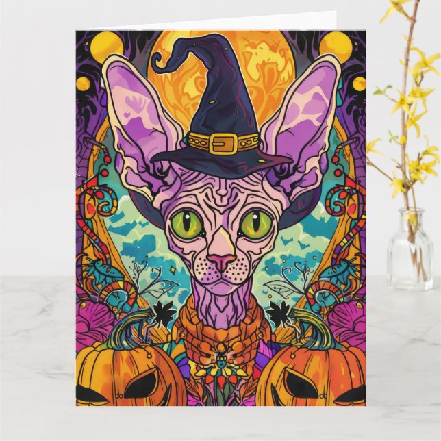 Spooky Sphynx Cat Halloween und Pumpkin Karte (Gelbe Blume)