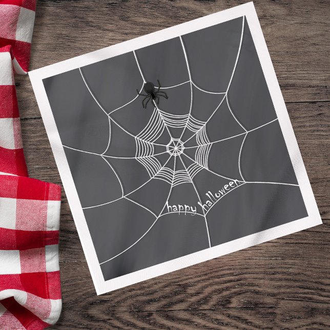 Spooky Spider im Spider Web Serviette (Happy Halloween spider web napkin with black and white design.)