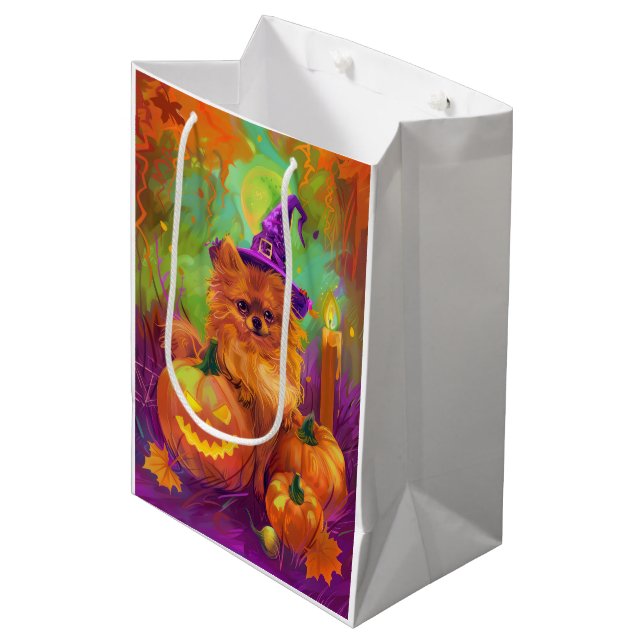 Spooky Spitz Halloween Hexe und Kürbis Mittlere Geschenktüte (Vorderseite Schrägansicht)