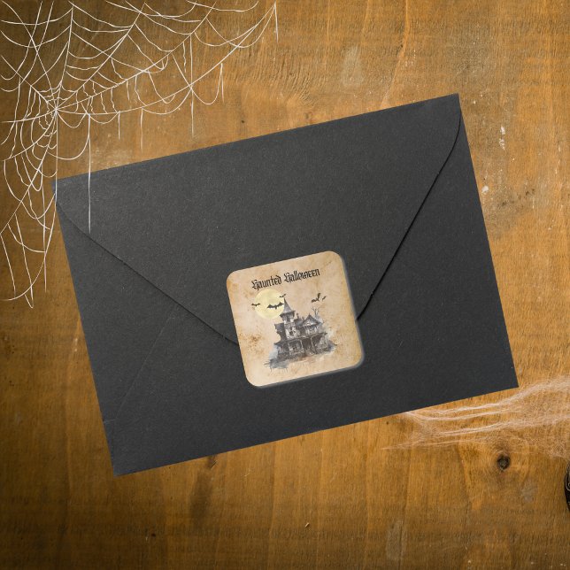 Spooky Spuk House Halloween Bats Quadratischer Aufkleber (Von Creator hochgeladen)