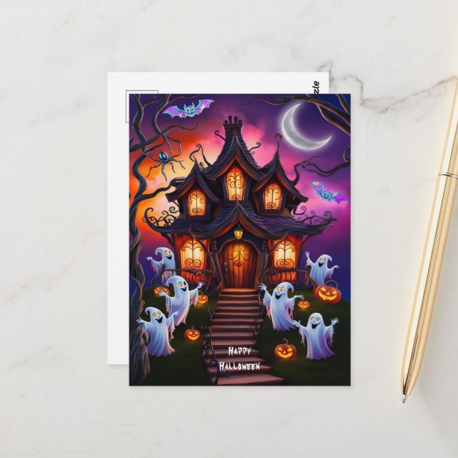 Spooky Spuk House Halloween Night Szene Postkarte (Vorderseite/Rückseite Beispiel)