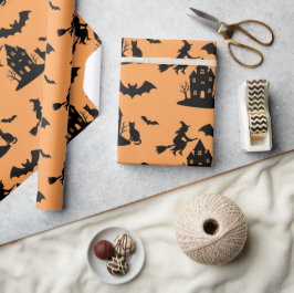 Spooky Spuk House & Hexe Silhouette | Geschenkpapier