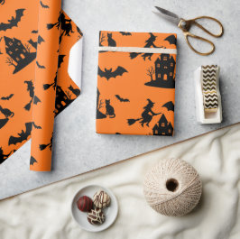 Spooky Spuk House & Hexe Silhouette | Geschenkpapier